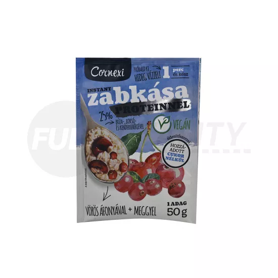 CORNEXI VÖRÖS ÁFONYÁS-MEGGYES PROTEINES ZABKÁSA ÉDESÍTŐSZERREL - VEGÁN 50G