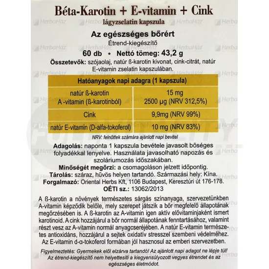 DR.CHEN BÉTA-KAROTIN + E-VITAMIN+CINK LÁGYZSELATIN KAPSZULA 60DB