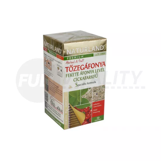 NATURLAND PRÉMIUM TŐZEGÁFONYA FEKETE ÁFONYA LEVÉL CICKAFARKFŰ TEA 20DB