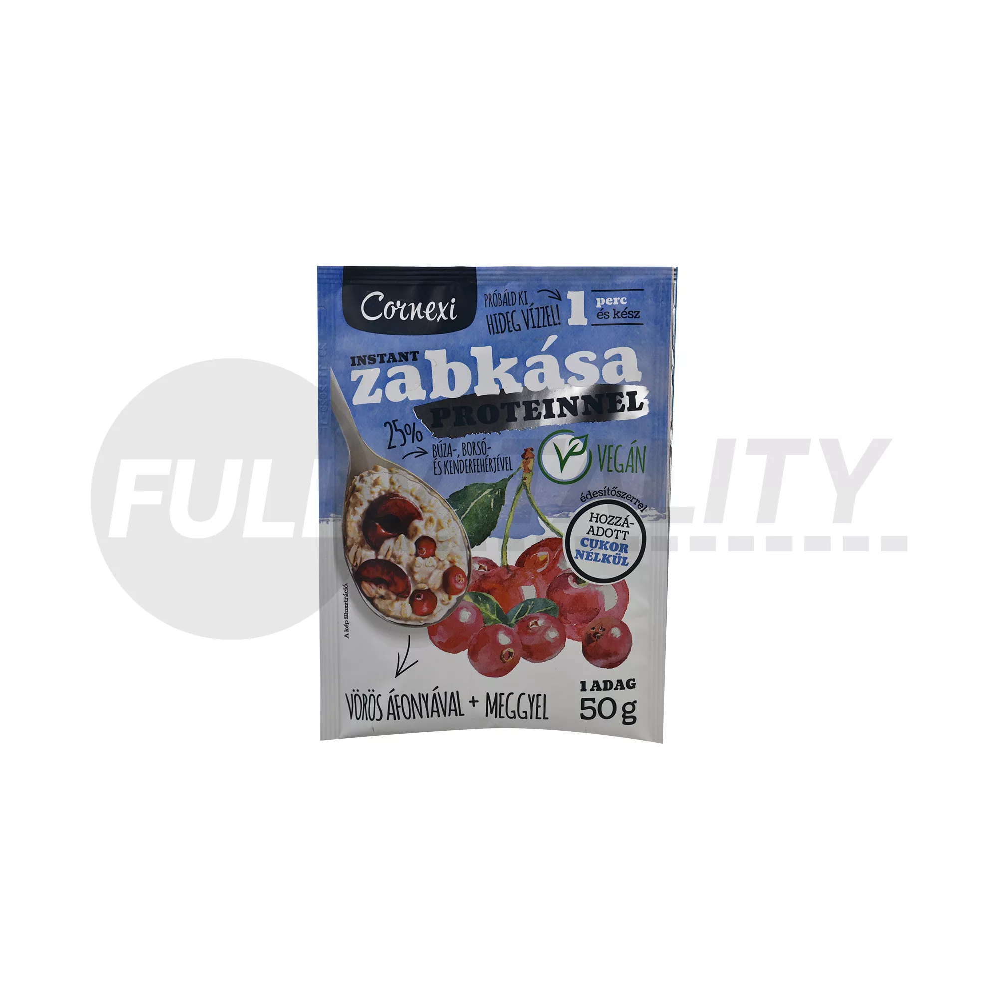 CORNEXI VÖRÖS ÁFONYÁS-MEGGYES PROTEINES ZABKÁSA ÉDESÍTŐSZERREL - VEGÁN 50G