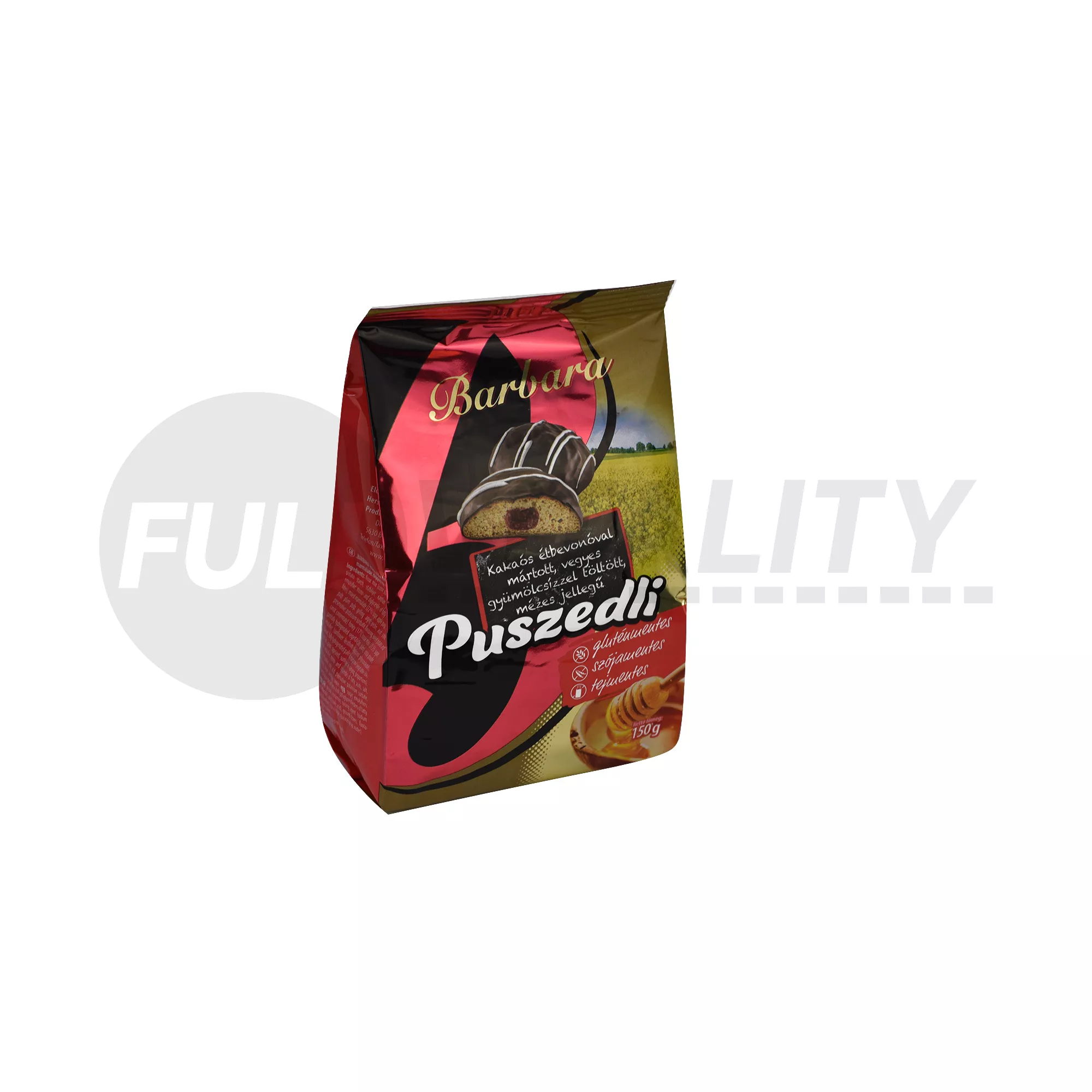 GLUTÉNMENTES BARBARA KAKAÓS ÉTBEVONÓVAL MÁRTOTT VEGYES GYÜMÖLCSÍZZEL TÖLTÖTT MÉZES PUSZEDLI 150G