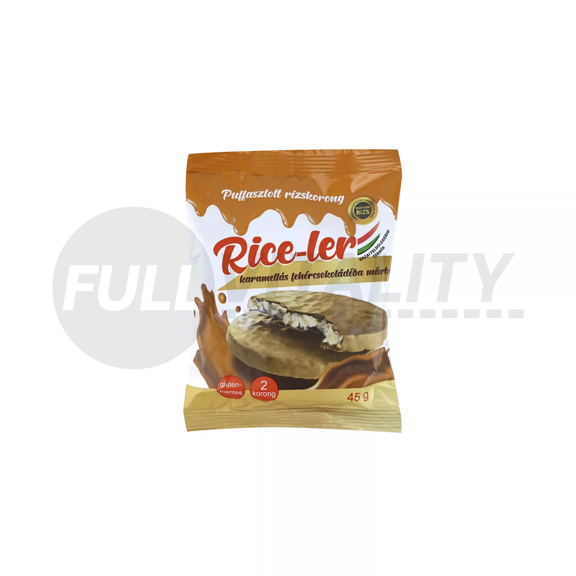 GLUTÉNMENTES RICE-LER PUFFASZTOTT RIZSKORONG KARAMELLÁS FEHÉRCSOKOLÁDÉBA MÁRTVA 45G